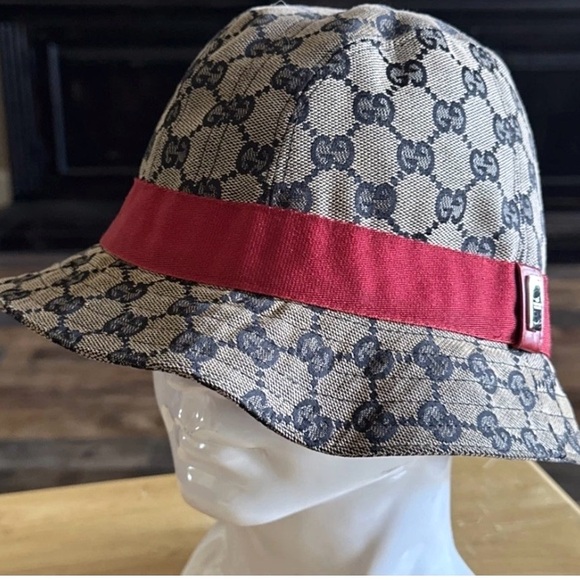 Gucci Bucket Hat Logo Canvas Beige Blue Red Color - Picture 2 of 9